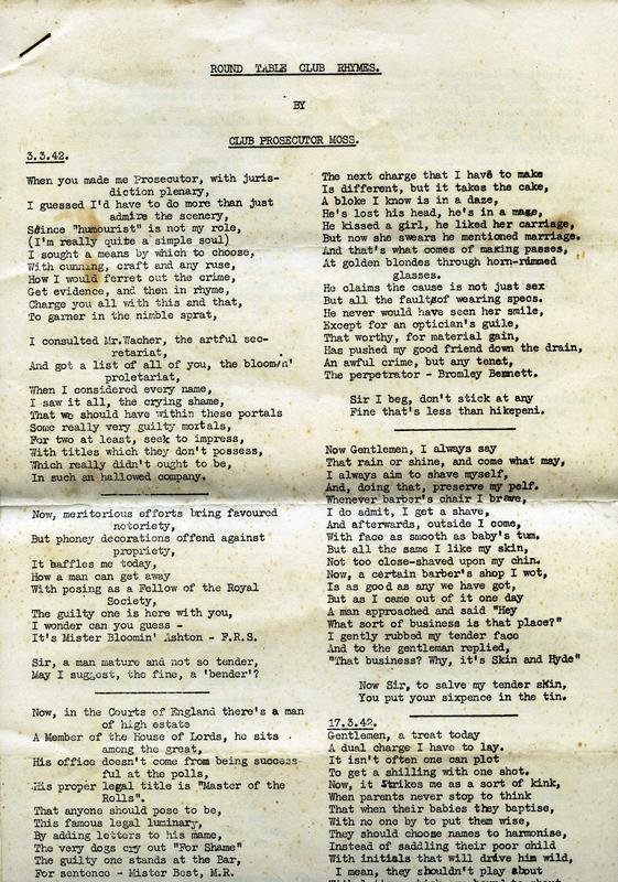 Manuscript, Round Table Club Rhymes MTG Hawkes Bay