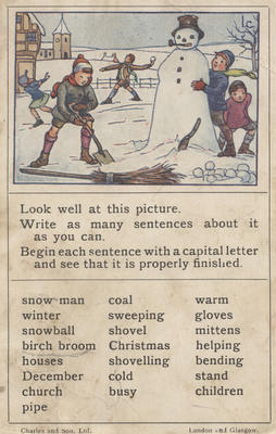 Teaching card, children building a snowman