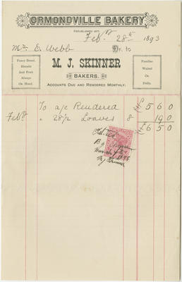 Account, addressed to E (Edmond) Webb from M J Skinner; Skinner, M J; Ormondville Bakery
