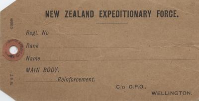Luggage Tag, New Zealand Expeditionary Force