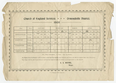 Poster, Church of England Services, Ormondville District; Mackenzie, F E