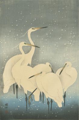 Egrets on a Snowy Night