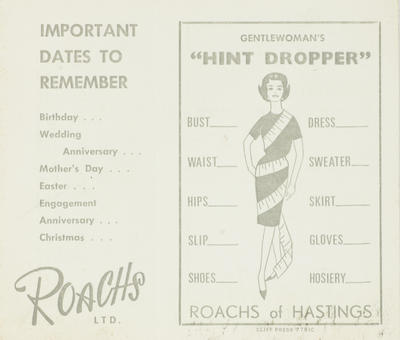 Advertising card, Roachs Ltd Hastings; Roachs'; Cliff Press; 2015/32/9