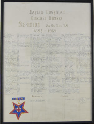Framed list of signatures, Napier Hospital Trained Nurses' reunion, 1893-1969