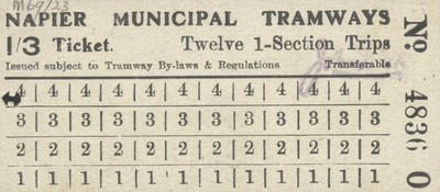 Ticket, Napier Municipal Tramways, 1931 Hawke's Bay earthquake