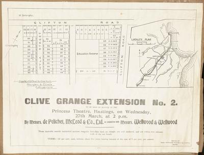 Plan, Clive Grange extension No 2 land for sale; Dinwiddie, Walker and Company Limited; Morgan & Climie