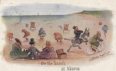 Postcard, On the Sands at Akaroa; Cynicus Publishing Co. Ltd.